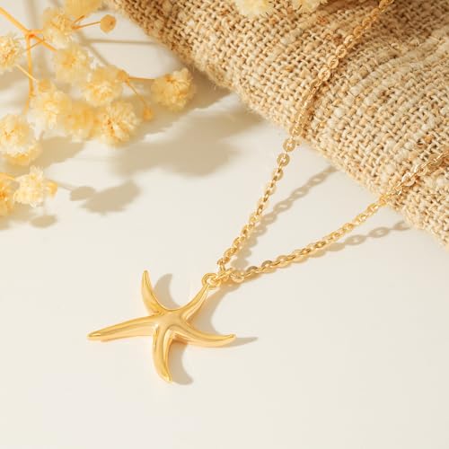 MTMY Gold Starfish Necklace 14K Gold Plated Shell Conch Ocean Pendant Necklace for Women Beach Summer Jewelry - style: wave starfish