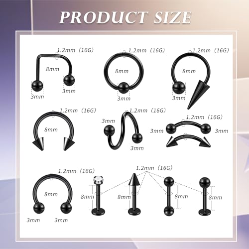34Pcs 16G Lip Rings Stainless Steel Labret Jewelry Lip Barbell Spike Snake Bite Piercing Jewelry Horseshoe Septum Nose Ring Cartilage Tragus Helix Earrings Studs
