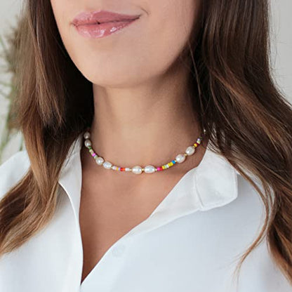 Wellike Freshwater Pearl Beaded Necklace for Women Handmade Boho Colorful Glass Beads Choker Necklace Stainless Steel 18K Gold Plated Bohemian Women Summer Jewelry Gifts - color: KKWX1070