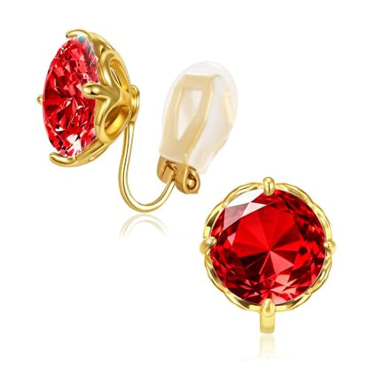 Round Austrian Crystal Clip On Earrings for Women Non Pierced Earrings, Hypoallergenic Clip-on Earrings Jewelry Gift for Sensitive Ears - color: Red