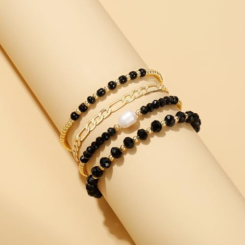 Badu Gold Beaded Bracelets for Women Boho Crystal Multiple Layered Stackable Wrap Bangle Set Paperclip Chain Trendy Jewelry - color: Gold-black