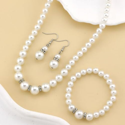 CSIYANJRY99 Pearl Necklace and Earring Set Faux Pearl Jewelry Sets for Women Imitation Beaded Pearl Necklace Bracelet Stud Earrings for Women - color: Pearl Jewelry Sets