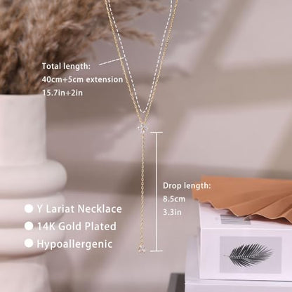 Gold Necklace for Women, Dainty Long Necklace 14k Gold Plated Lariat Long Necklaces for Women Trendy Simple Statement Drop Necklace Fashion Body Chain Prom Jewelry Gold Accessories - color: 16-Gold