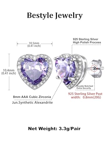 Bestyle Authentic 925 Sterling Silver 2 Carat Birthstone Earrings for Women, More Sparkle Heart/Round Solitaire Diamond Studs Earrings, Great Birthday/Christmas/Anniversary Jewelry for Wife Mother - color: 06. June Alexandrite-Heart
