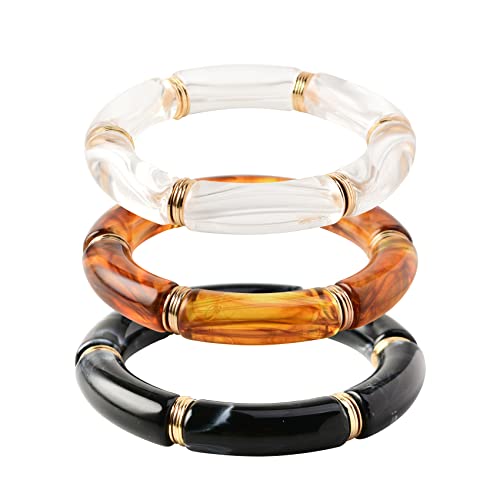 GOOJIDS Simple Beaded Gold Plated Bangles Bracelet Chunky Bamboo Tube Curved Stacking Clear Acrylic Colorful Beads Stretchable Gold Plated Bracelets Set For Women - color: Q-Black 3PCS Set