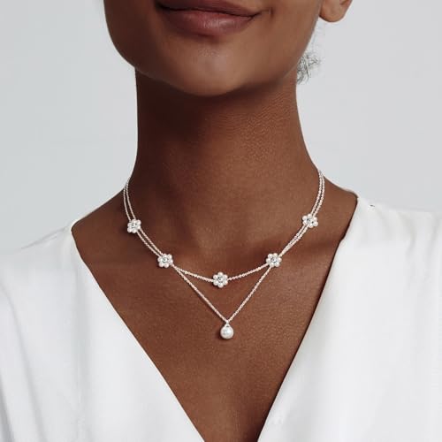 LULII Pearl Necklaces for Women 14K Gold Plated Dainty Layered Single Pearl Necklace Simple Daisy Pearls Choker Cute Gold Necklace Stack Jewelry Sets for Women Trendy Gifts - color: Silver-Layered Daisy Pearl