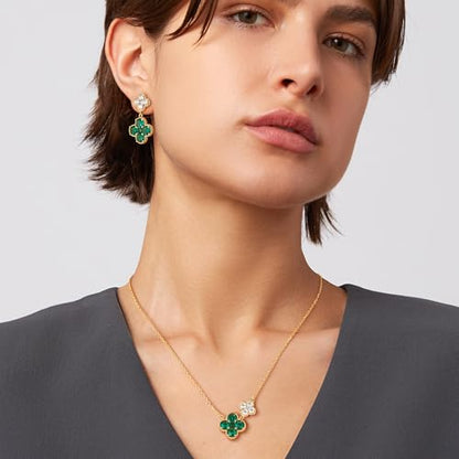 MTMY Dangle Earrings for Women 14K Gold Plated Four Leaf Clover Dangling Drop Birthstone Stud Earrings Trendy Flower Birthstone Jewelry Birthday Gifts - style: May- Emerald