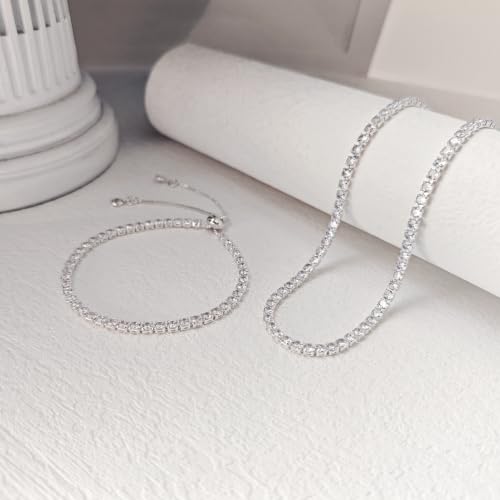 Luxval Tennis Necklace Set for Women Tennis Bracelets Diamond Earrings Sterling Silver Necklace Wedding Jewelry for Bride Silver Jewelry Sets for Women Gift - color: Silver-Illusion Stud Tennis Sets