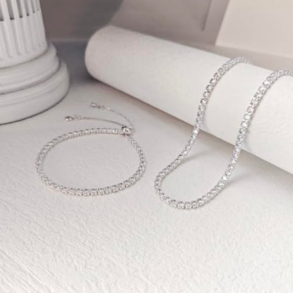 Luxval Tennis Necklace Set for Women Tennis Bracelets Diamond Earrings Sterling Silver Necklace Wedding Jewelry for Bride Silver Jewelry Sets for Women Gift - color: Silver-Illusion Stud Tennis Sets