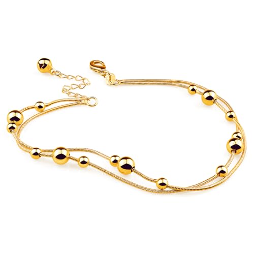 Womens Anklet 925 Sterling Silver Layered Anklet Bracelet Dainty Beaded Foot Chain Adjustable Summer 24k Gold Plated Beach Jewelry Gift - color: Snake Chain Gold