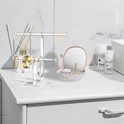 2-Tier Acrylic Jewelry Stand for Necklaces Bracelets | 2-tier acrylic stand with dual bars, tangle-free storage for necklaces, bracelets & earrings for dresser and shop