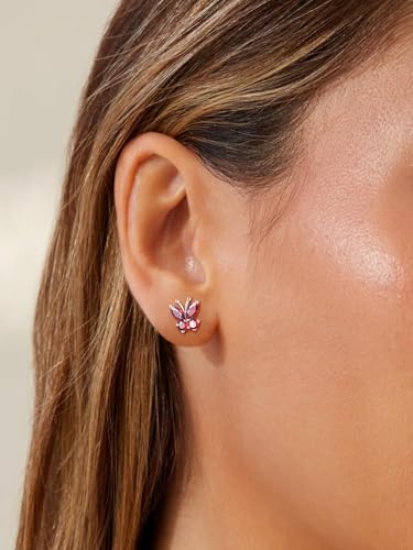 Suplight Butterfly Stud Earrings 925 Sterling Silver 14K Gold Brithstone Earrings for Women Brithstone Jewelry Gifts - color: 07.July( Ruby), size: Silver