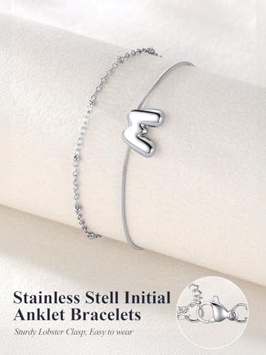 U7 Silver Gold Initial Ankle Bracelets for Women Waterproof,14K Gold Plated Initial Anklets No Tainish,Adjustable Women's Anklet Layered Ankle Summer Beach Foot Jewelry - color: Silver
