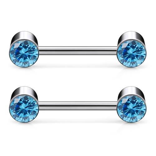 14G ASTM F136 Titanium Nipple Piercing Jewelry Round CZ Nipple Barbell Jewelry Internally Threaded G23 Solid Titanium Nipple Piercing Barbell Ring Jewelry for Women Men 14 Gauge - style: Sea Blue CZ