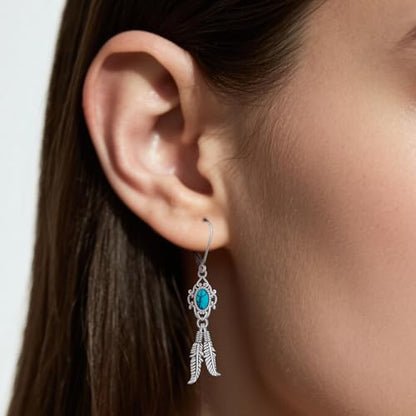 Turquoise Feather Dangle Earrings for Women Sterling Silver Turquoise Jewelry with Feather Dangling Western Chritmas Gifts for Women