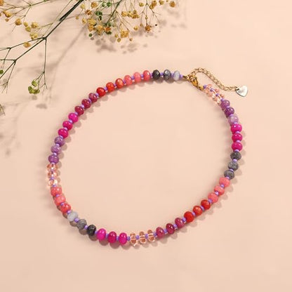 Joya Love Colorful Gemstone Beaded Necklaces For Women Trendy Rainbow Natural Stone Boho Handmade Stainless Steel Waterproof Strand Necklaces Jewelry For Women Gift - color: Dark Red