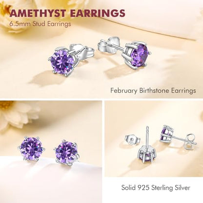 DAYBYDAY 925 Sterling Silver Birthstone Earrings for Women, Crystal Stud Earrings, 6.5mm Round Cut Solitaire Gemstone Earrings Birthday Jewelry - style: Round Cut-02. Feb/created amethyst