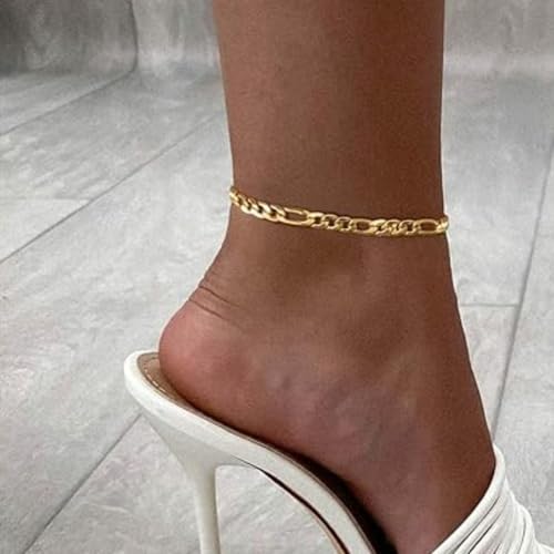 Gold Stainless Steel Anklet Chain for Women Adjustable Ankle Bracelet Fashionable Simple Design, Round mold chain - color: Gold+ Figaro Chain, size: 22+3cm
