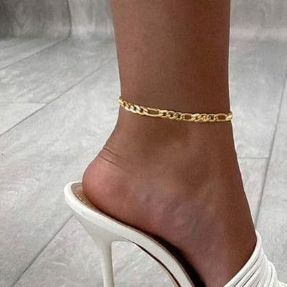 Gold Stainless Steel Anklet Chain for Women Adjustable Ankle Bracelet Fashionable Simple Design, Round mold chain - color: Gold+ Figaro Chain, size: 22+3cm