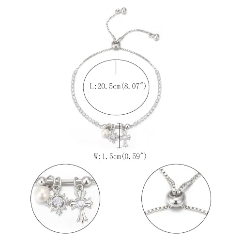 FANZE Gold Plated Cubic Zirconia Tennis Bracelets for Women Dainty Trendy Adjustable Bracelet Jewelry Gift for Ladies Wedding Mother Birthday Anniversary - style: Silver Charm