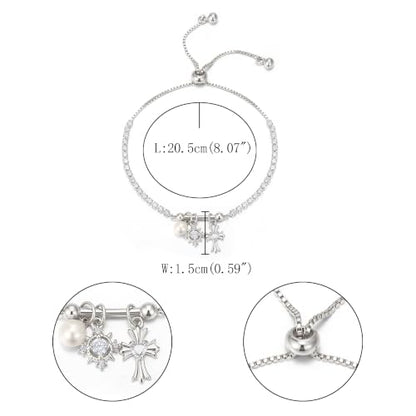 FANZE Gold Plated Cubic Zirconia Tennis Bracelets for Women Dainty Trendy Adjustable Bracelet Jewelry Gift for Ladies Wedding Mother Birthday Anniversary - style: Silver Charm