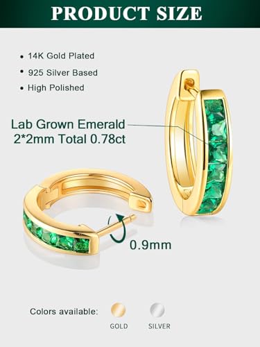 Chunky Emerald Sapphire Ruby Hoop Earrings, Princess or Round Cut, 14k Yellow Gold Plated Sterling Silver Cubic Zirconia Huggie Earings Minimalist Hoops Earrings for Women Wedding Daily Birthday - style: Princess cut -Emerald -Gold