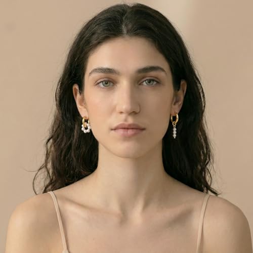Pearl Earrings VeroSteel Dangle Earrings for Women, Dainty 14k Gold Huggie Hoop Earrings with Pearls, Trendy Pearl Drop Earrings, Stainless Steel Hypoallergenic Stud Earrings For Sensitive Ears - style: Asymmetric