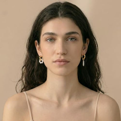 Pearl Earrings VeroSteel Dangle Earrings for Women, Dainty 14k Gold Huggie Hoop Earrings with Pearls, Trendy Pearl Drop Earrings, Stainless Steel Hypoallergenic Stud Earrings For Sensitive Ears - style: Asymmetric