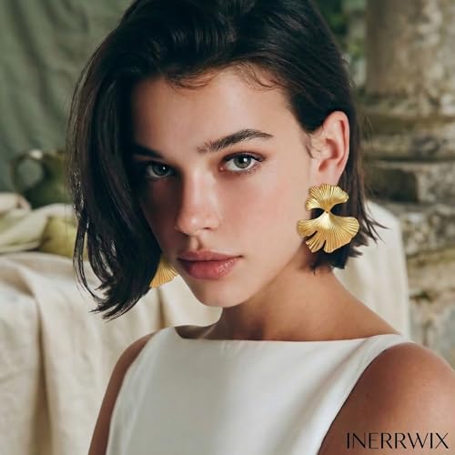 Chunky Gold Plated Flower Statement Drop Earrings for Women | Hypoallergenic 18K Gold Plated Textured Petal Wing, Large Statement Dangle Earrings for Wedding Party - color: Gold Ginkgo Leaf-C
