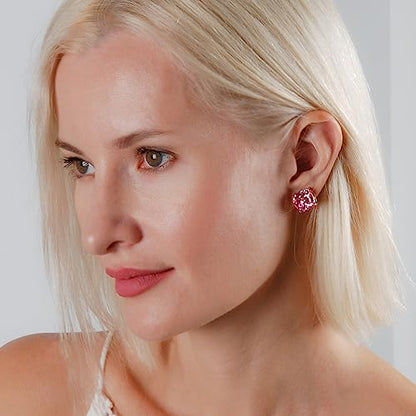 Large Square Stud Earrings for Women - Big Sparkly Rhinestone Studs | Plated in Gold Tone or Silver Tone, Hypoallergenic and Safe for Sensitive Ears - color: Hot Pink Glitter