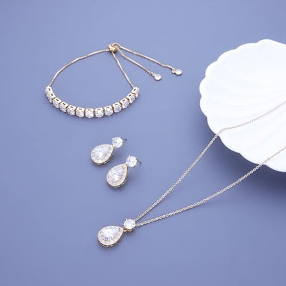 Plated Gold Silver Elegant Teardrop Zircon Earrings Necklace Bracelet Set for Bridesmaids, Sparkling Cubic Zirconia Jewelry, Wedding Gift, 4/5/6-Piece - color: 1 Set Gold