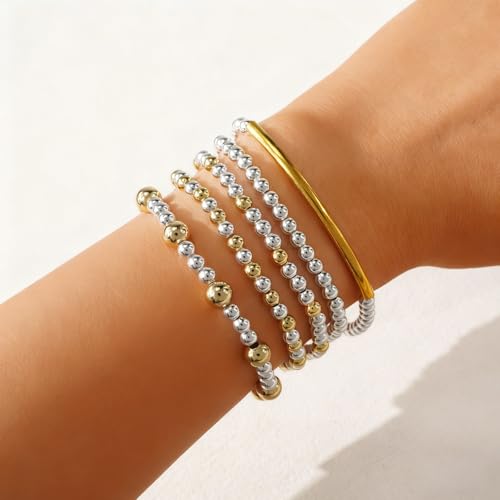 14K Gold Plated Beaded Bracelets Stack Set for Women,Stretch Boho Ball Jewelry Friendship Trendy - color: Gold silver