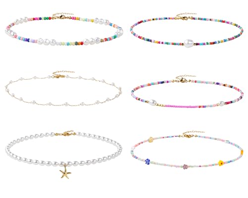 4-12 Pieces Beaded Choker Necklaces for Women Boho Seed Bead Choker Set Hawaiian Handmade Turquoise Beach Beads Necklace Chain Jewelry - style: 6 Bead Pearl Necklace