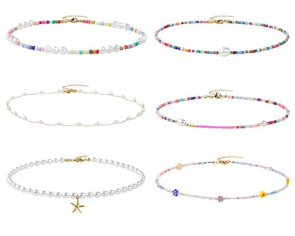4-12 Pieces Beaded Choker Necklaces for Women Boho Seed Bead Choker Set Hawaiian Handmade Turquoise Beach Beads Necklace Chain Jewelry - style: 6 Bead Pearl Necklace