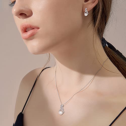 EleQueen 925 Sterling Silver CZ Freshwater Cultured Pearls Bridal Pendant Necklace Earrings Wedding Jewelry Sets, Valentine's Day/Mother's Day/Christmas Gift - style: Pearl Necklace Stud Earrings
