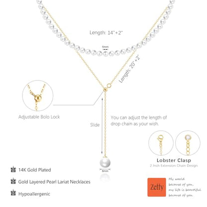 Zeffy Pearl Necklace 4MM/6MM/8MM Dainty Round Imitation Pearl Choker Necklace Wedding Pearl Necklace Delicate Jewelry for Women Simple Bridesmaid Jewelry Gifts - style: 4mm Gold Pearl Necklace & Pearl Y Necklace