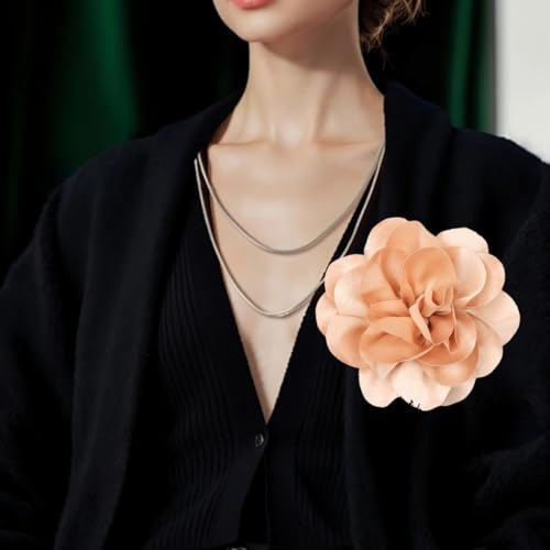 Large Rose Flower Brooches Chiffon Camellia Brooch Lapel Pins Hair Clips Hat Pins for Women Wedding Banquet Accessories Large Satin Flowers 5.5in - color: Khaki