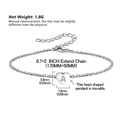 KunBead Initial Engraved Letter Bracelets Dainty Mini Size Heart Love Charm Stainless Steel Bracelets for Women Birthday Jewelry - style: Letter A