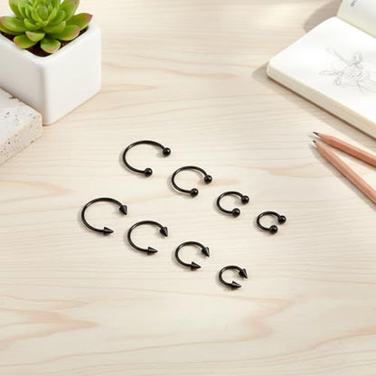 Telooco 8 Pcs 16G Septum Rings Surgical Steel Horseshoe Nose Ring Hoop Eyebrow Lip Navel Piercing Ring Earrings Septum Piercing Jewelry for Women Men 6/8/10/12mm (Black) - color: Black