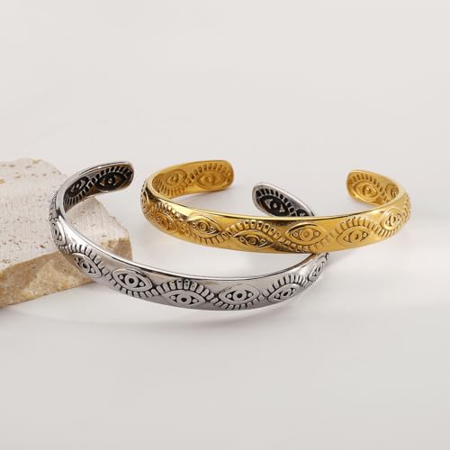 Evil Eye Bracelet, Chunky Gold Bangle Silver Boho Bracelets Open Bohemian Trendy Statement Adjustable Stainless Steel For Women Jewelry Gifts - color: Silver Eye