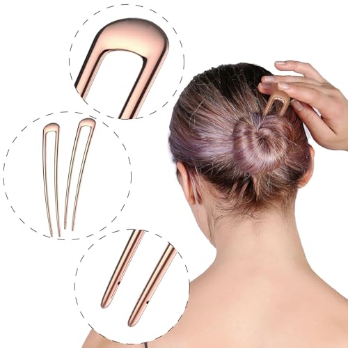 HYFEEL French Hair Pins - Metal Hair Fork Extra Long U Shaped Chignon 2-Prong Sticks for Women Bun Hair Accessories (Rose Gold - 2 Pcs) - color: Rose Gold - 2 Pieces