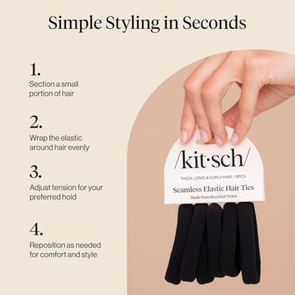 Kitsch Elastic Hair Ties No Damage | Stretchable Hair Bands - Black, 6pcs | Strong All-Day Hold Hair, Rubber Bands For Hair, Ponytail Holders | Hair Accessories for Everyday Use - color: Black Thick (Pack of 6)