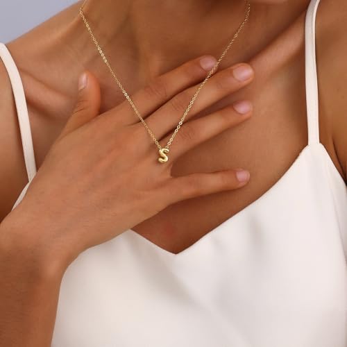 Initial Necklaces for Women Bubble Gold Silver Letter Necklace Dainty Personalized Charm Pendant Name Necklace Cute Non Tarnish Fashion Accessories Teen Gift Trendy Stuff Jewelry Gifts - color: Gold, style: S