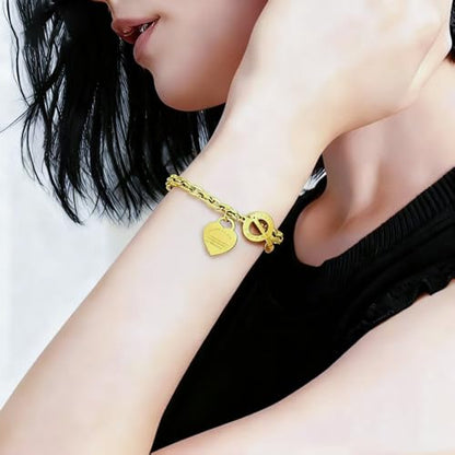 Charm Bracelet for Women 18k Gold/Silver/Rose Gold Plated Love Heart Elegant OT Clasp Stainless Steel Green Bag Packaging Jewelry Gift Birthday - color: 18k Gold, size: 7 inch