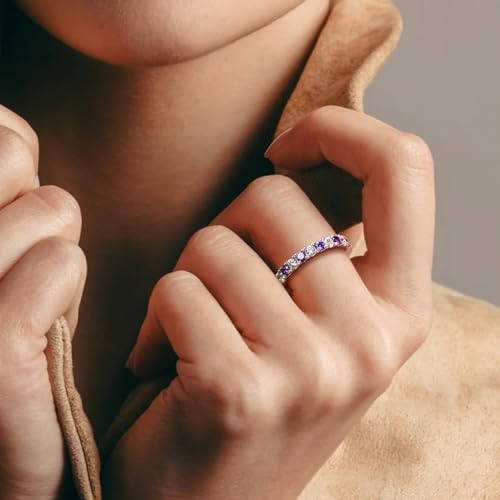 Bezel Set Birthstone Wedding Band 14K Gold Sterling Silver Stackable Half Eternity Band Rings 2.5mm Wide Ruby/Amethyst/Sapphire/Emerald Green/Aquamarine Ring for Women, Send Gift Box - style: 02-Created Amethyst & CZ