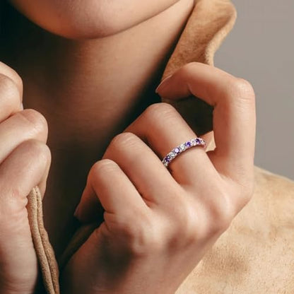 Bezel Set Birthstone Wedding Band 14K Gold Sterling Silver Stackable Half Eternity Band Rings 2.5mm Wide Ruby/Amethyst/Sapphire/Emerald Green/Aquamarine Ring for Women, Send Gift Box - style: 02-Created Amethyst & CZ