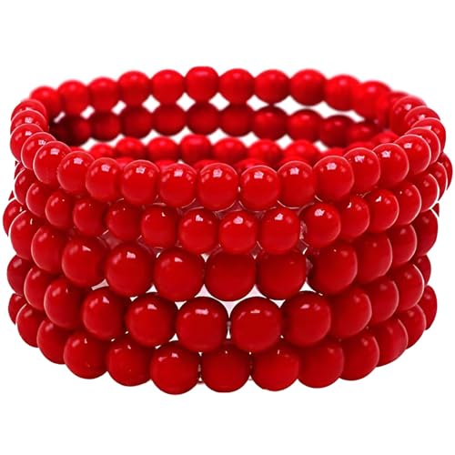 Faux Pearl Beaded Bracelets for Women Ladies Elastic Stretch Bracelet Stackable Jewelry Set Pulsera Para Mujer 5 pcs Size 6-8 MM - color: Red