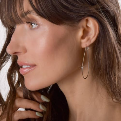 Oval Threader Hoop Earrings for Women - Lightweight Thin Earring Hoops | Plated in 18K Gold or 925 Sterling Silver, Hypoallergenic and Safe for Sensitive Ears - color: 2.3" inch - 925 Sterling Silver Plated