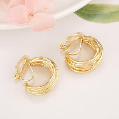 Chunky Clip On Earrings for Women Earrings Non-piercing Hoop Earrings - color: Gold