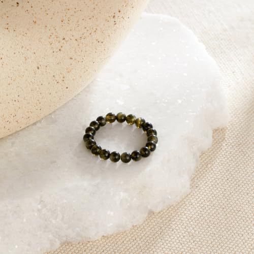 NLIEO Handmade Natural Gemstone Crystal Beaded Stretch Band Ring for Women | Handmade, 3mm Natural Stone, Size 7-12, Stretchy, Beaded Jewelry, Green Bead Rings, Trendy Jewelry Gift - style: Golden Obsidian